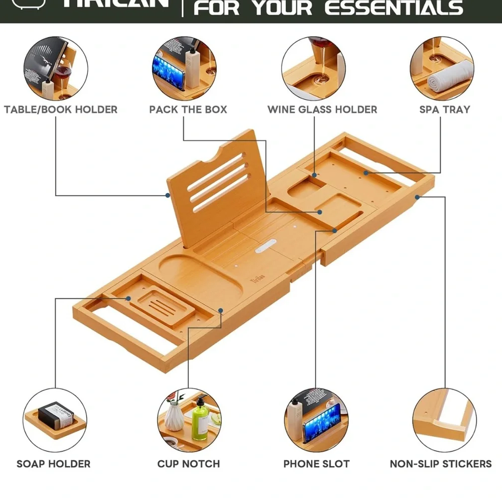 Brown Bamboo Bath Tray with Adjustable Storage